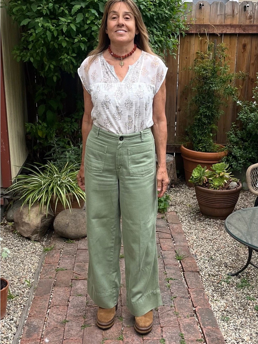 Treasure and Bond high waisted wide leg Kaki pants.